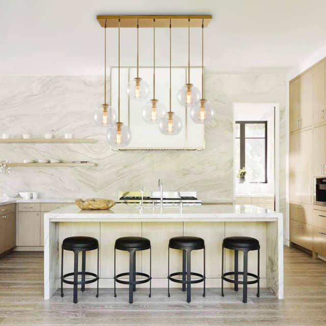 Modern Mid-Century 7-Lights Cluster Bubble Chandelier Glass Globe Shade Brass Pendant Light for Restaurant Kitchen Island Dining Table