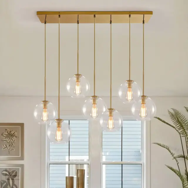 Modern Mid-Century 7-Lights Cluster Bubble Glass Globe Shade Brass Chandeliers Pendant Light for Restaurant Bar Kitchen Island Dining Table