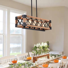 Modern Farmhouse Style Linear Wooden Chandelier 5-Light Rectangle Chandelier for Dining Table  Kitchen Island