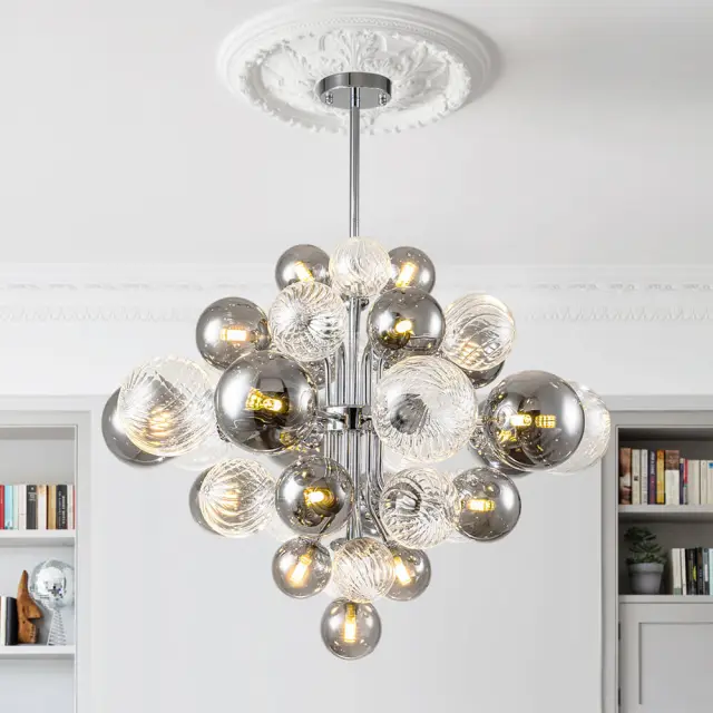 Glam Modern Cluster 8/18 Light Glass Globes Grape Large Bubble Light Chandelier in Chrome Finish for Living /Dining Room