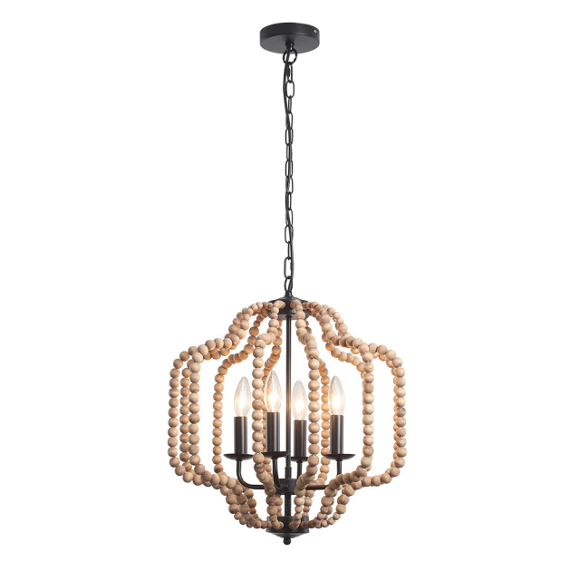 4-Light Modern Farmhouse Wood Beads Antiqued Finish Lantern Pendant Lighting for Dining Room/ Living Room/ Bedroom