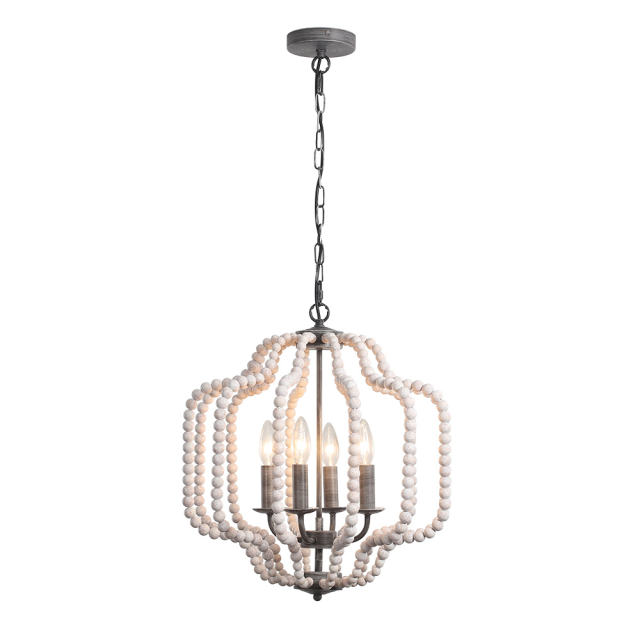 4-Light Modern Farmhouse Wood Beads Antiqued Finish Lantern Pendant Lighting for Dining Room/ Living Room/ Bedroom
