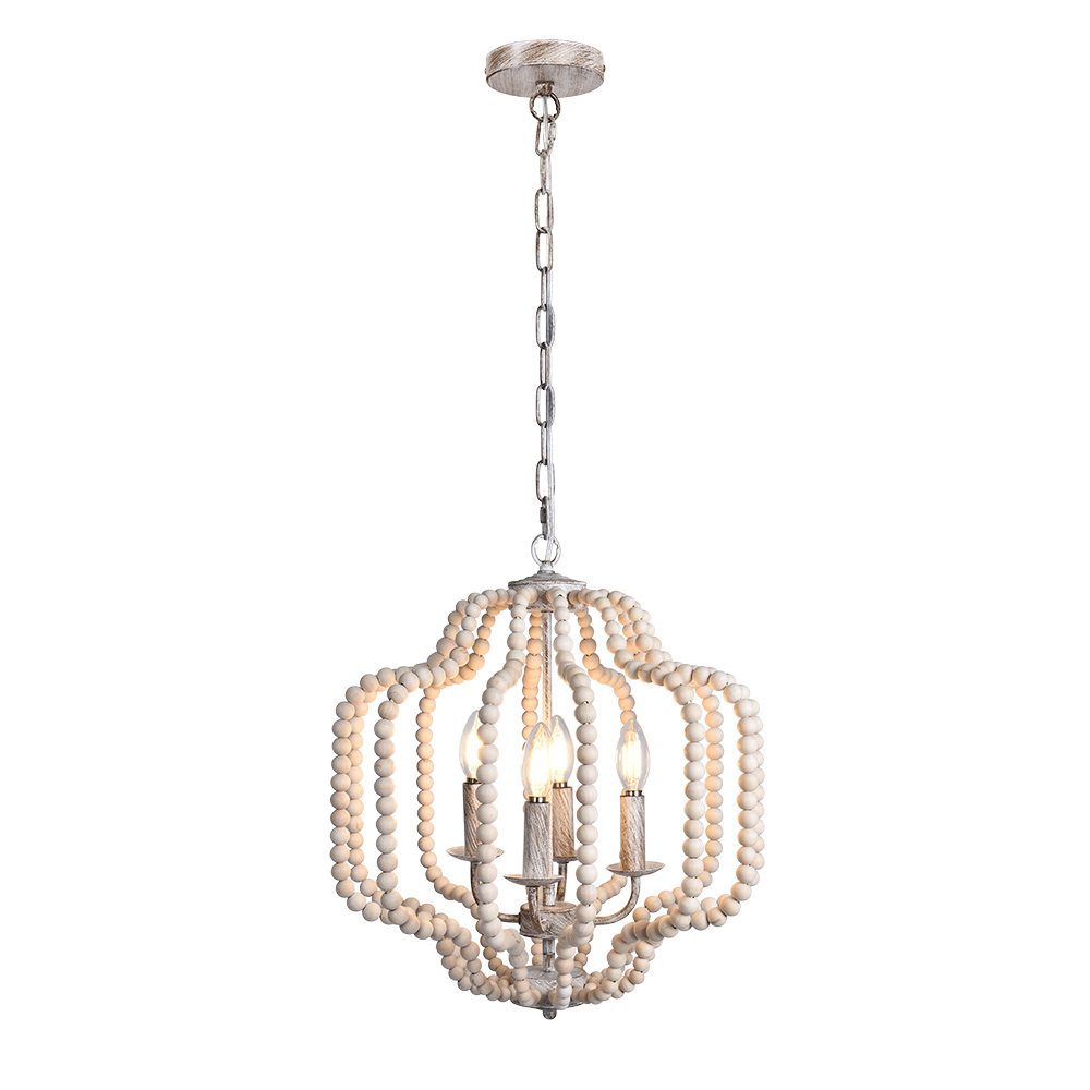 4-Light Modern Farmhouse Wood Beads Antiqued Finish Lantern Pendant Lighting for Dining Room/ Living Room/ Bedroom