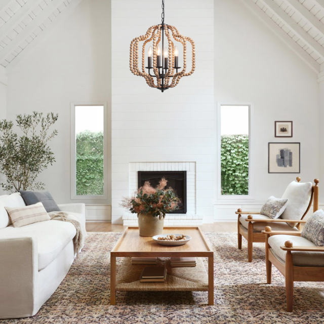 4-Light Modern Farmhouse Wood Beads Antiqued Finish Lantern Pendant Lighting for Dining Room/ Living Room/ Bedroom