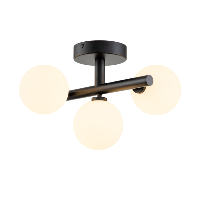 Designer Modern 3-Light Brass/ Black Sputnik Semi Flush Mount with Frosted Opal Glass Globe for Dining Room/ Kitchen/ Living Room