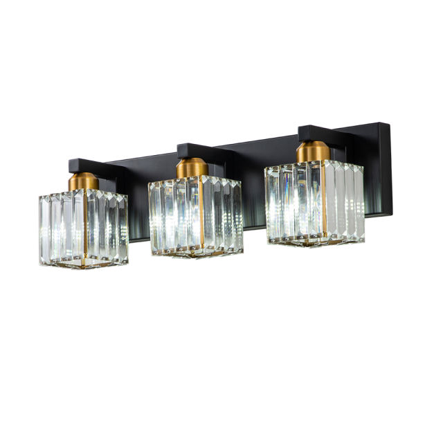 3-Light Modern Dimmable Wall Sconce with Crystal Square Shade Bathroom Vanity Light Mid-century Wall Sconce in Black+Brass/ Chrome Finish