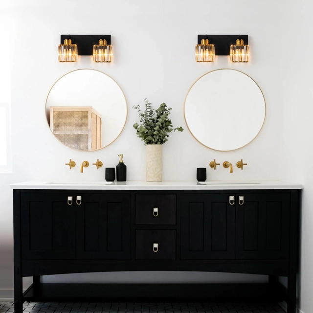 2-Light Modern Dimmable Wall Sconce with Crystal Square Shade Bathroom Vanity Light Mid-century Wall Sconce in Black+Brass/ Chrome Finish