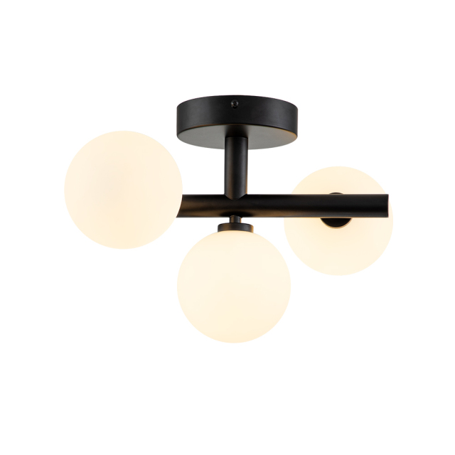 Designer Modern 3-Light Brass/ Black Sputnik Semi Flush Mount with Frosted Opal Glass Globe for Dining Room/ Kitchen/ Living Room