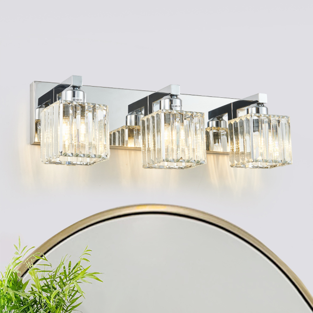 3-Light Modern Dimmable Wall Sconce with Crystal Square Shade Bathroom Vanity Light Mid-century Wall Sconce in Black+Brass/ Chrome Finish