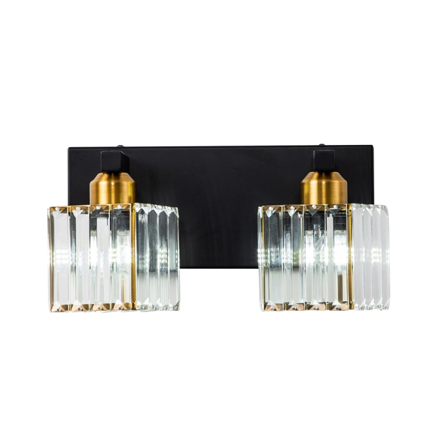 2-Light Modern Dimmable Wall Sconce with Crystal Square Shade Bathroom Vanity Light Mid-century Wall Sconce in Black+Brass/ Chrome Finish