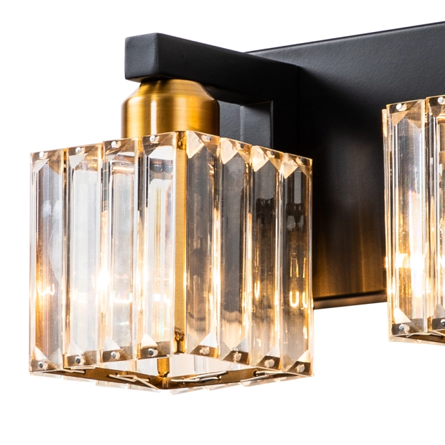 2-Light Modern Dimmable Wall Sconce with Crystal Square Shade Bathroom Vanity Light Mid-century Wall Sconce in Black+Brass/ Chrome Finish