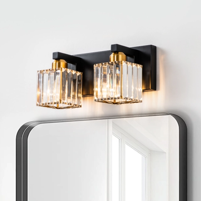 2-Light Modern Dimmable Wall Sconce with Crystal Square Shade Bathroom Vanity Light Mid-century Wall Sconce in Black+Brass/ Chrome Finish