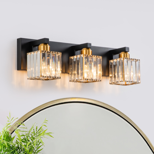 3-Light Modern Dimmable Wall Sconce with Crystal Square Shade Bathroom Vanity Light Mid-century Wall Sconce in Black+Brass/ Chrome Finish