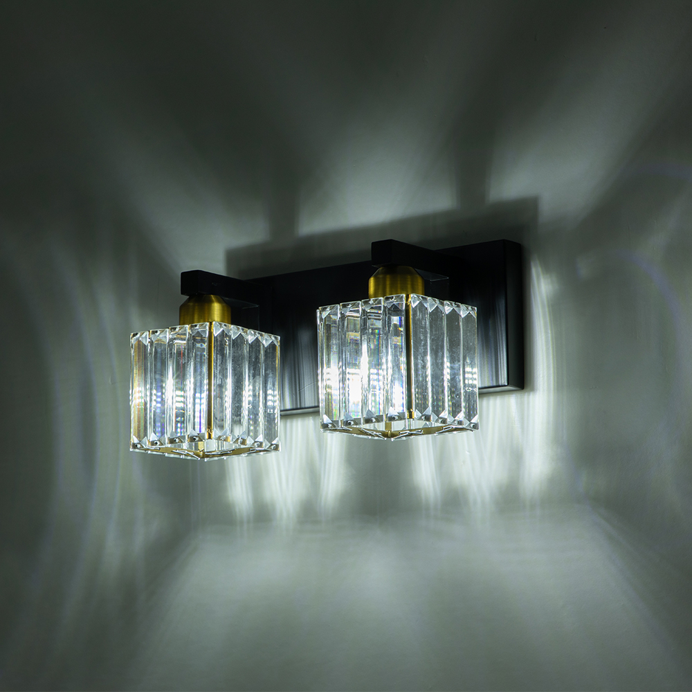2-Light Modern Dimmable Wall Sconce with Crystal Square Shade Bathroom Vanity Light Mid-century Wall Sconce in Black+Brass/ Chrome Finish