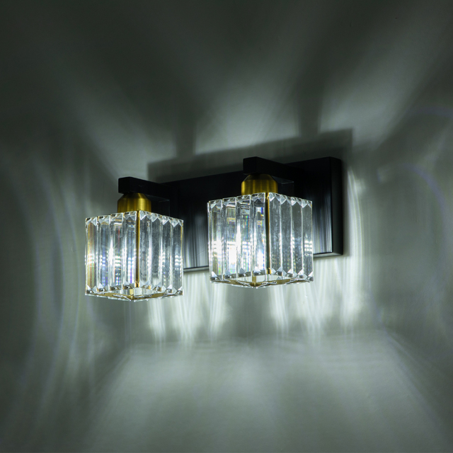 2-Light Modern Dimmable Wall Sconce with Crystal Square Shade Bathroom Vanity Light Mid-century Wall Sconce in Black+Brass/ Chrome Finish