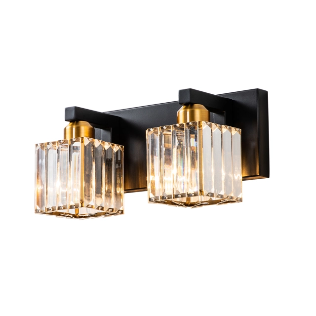 2-Light Modern Dimmable Wall Sconce with Crystal Square Shade Bathroom Vanity Light Mid-century Wall Sconce in Black+Brass/ Chrome Finish