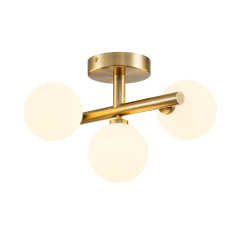 Designer Modern 3-Light Brass/ Black Sputnik Semi Flush Mount with Frosted Opal Glass Globe for Dining Room/ Kitchen/ Living Room
