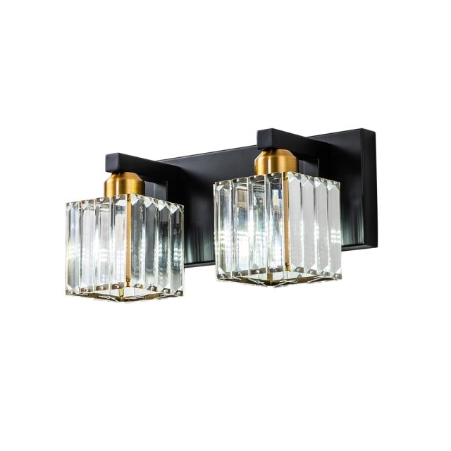 2-Light Modern Dimmable Wall Sconce with Crystal Square Shade Bathroom Vanity Light Mid-century Wall Sconce in Black+Brass/ Chrome Finish