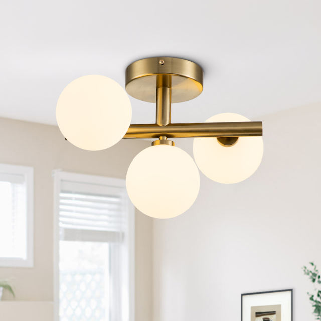 Designer Modern 3-Light Brass/ Black Sputnik Semi Flush Mount with Frosted Opal Glass Globe for Dining Room/ Kitchen/ Living Room