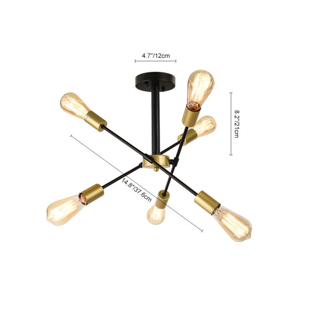 6-Light Mid-Century Modern Sputnik Flush Mount Ceiling Light with Adjustable Arms Design for Dining Room/ Kitchen/ Living Room/ Bedroom