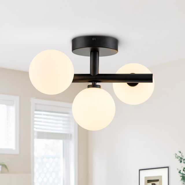 Designer Modern 3-Light Brass/ Black Sputnik Semi Flush Mount with Frosted Opal Glass Globe for Dining Room/ Kitchen/ Living Room