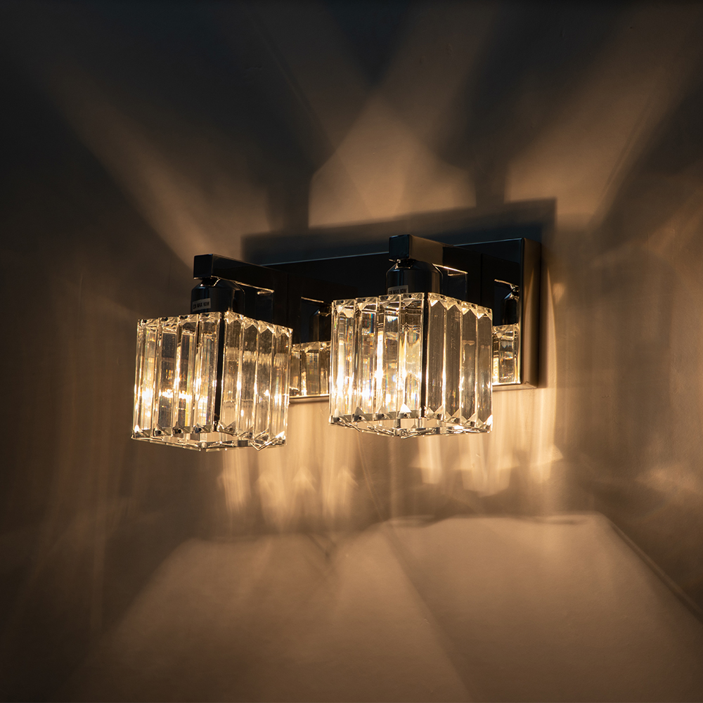 2-Light Modern Dimmable Wall Sconce with Crystal Square Shade Bathroom Vanity Light Mid-century Wall Sconce in Black+Brass/ Chrome Finish
