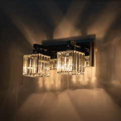 2-Light Modern Dimmable Wall Sconce with Crystal Square Shade Bathroom Vanity Light Mid-century Wall Sconce in Black+Brass/ Chrome Finish