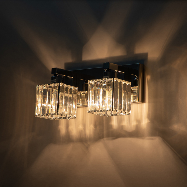 2-Light Modern Dimmable Wall Sconce with Crystal Square Shade Bathroom Vanity Light Mid-century Wall Sconce in Black+Brass/ Chrome Finish