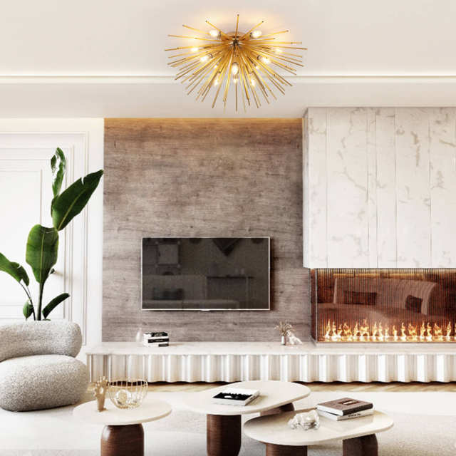 12-Light Mid-Century Modern Gold /Chrome Sputnik Flush Mount Ceiling Light with Firework Sunburst Design for Dining Room/ Kitchen/ Living Room/ Bedroom