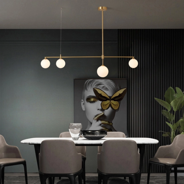 Contemporary Modern 4-Light Linear Ceiling Light in Brass with Glass Globes for Living Room Dining Room Kitchen Bedroom