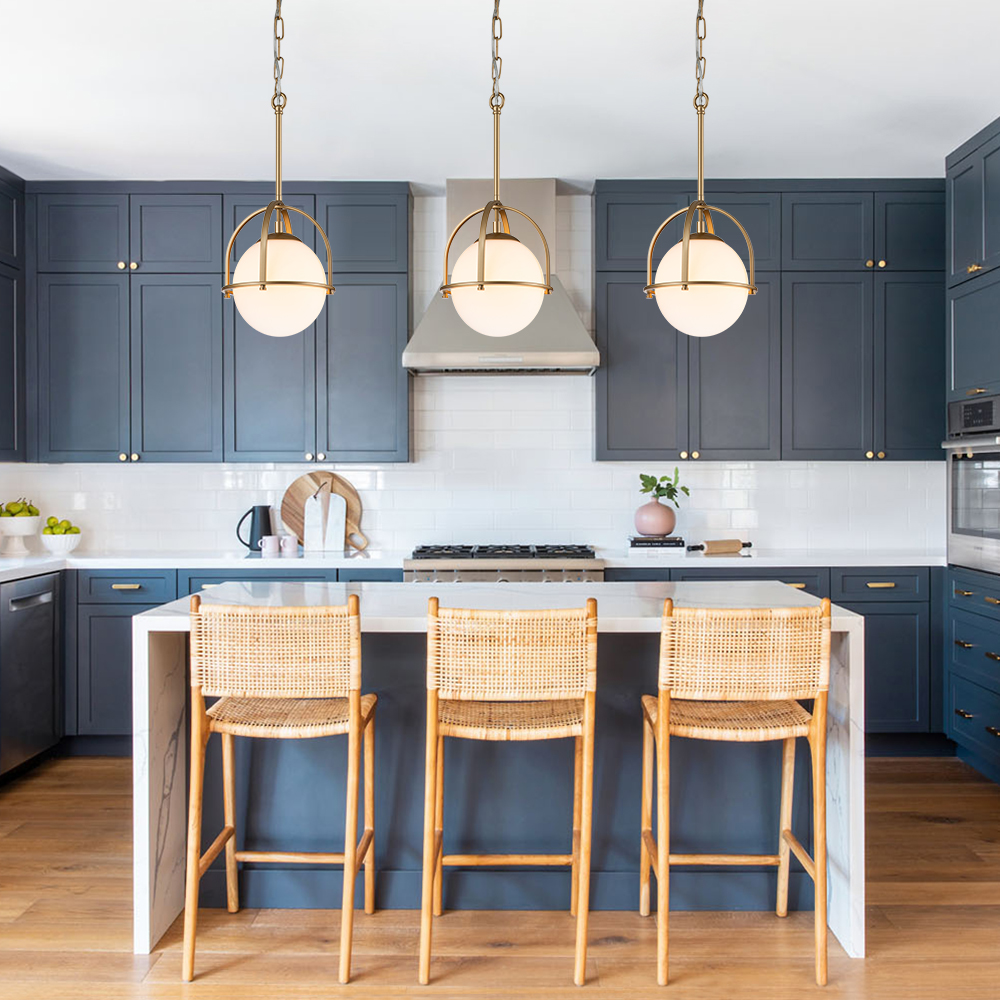 Modern Simple Opal Glass Globe Gold Kitchen Island Pendant Lighting in Airy Frame Design