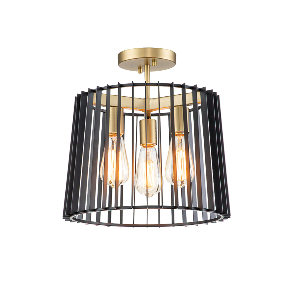 3-Light Modern Farmhouse Vintage Sector Cage Flush Mount Ceiling Light in Matte Black Design for Kitchen Island / Bedroom /Hallway