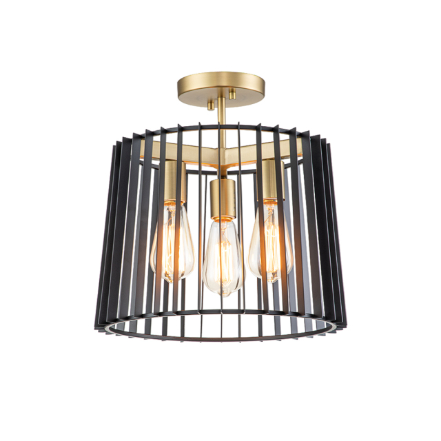 3-Light Modern Farmhouse Vintage Sector Cage Flush Mount Ceiling Light in Matte Black Design for Kitchen Island / BedRoom /Hallway