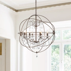 Modern Farmhouse Circle Frame Two-Tier Crystal Orb Chandelier Pendant Lighting with Cage Shade For Restaurant/ Kitchen/ Dining Room