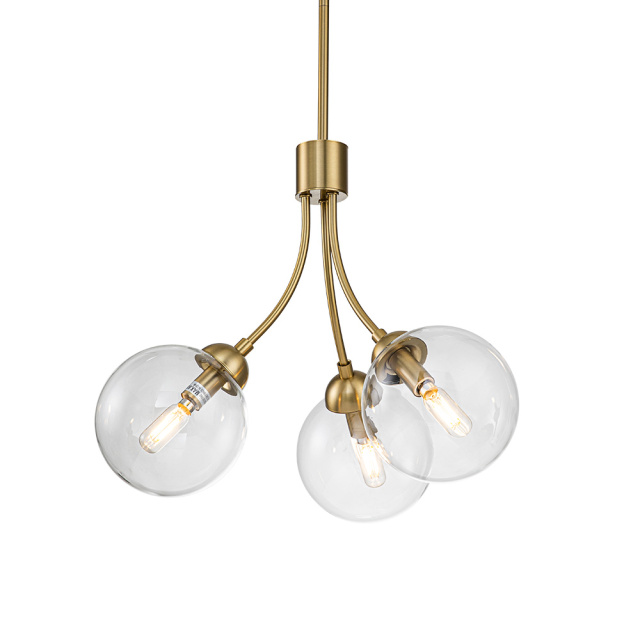 3-Light Mid-Century Gold Sputnik Semi Flush Mount with Clear Glass Globe for Bedroom/ Kitchen/ Living Room