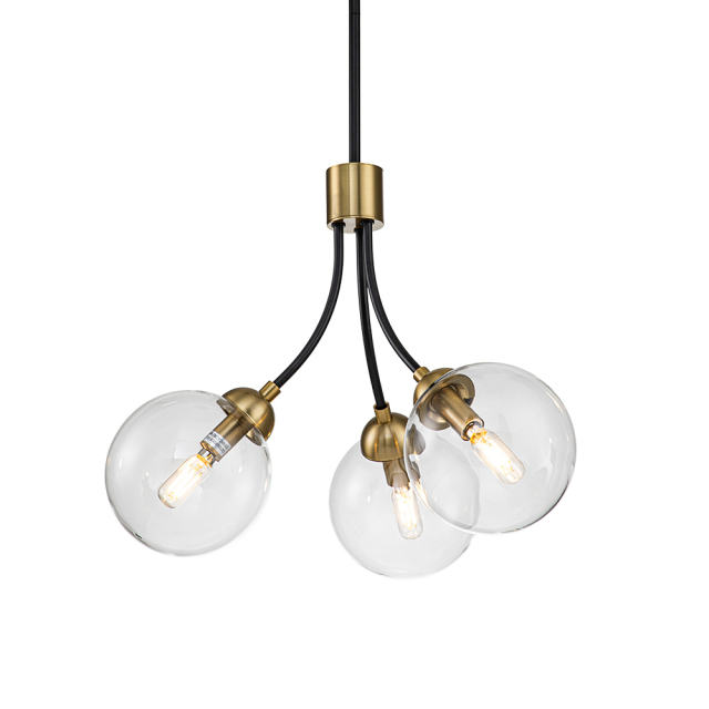3-Light Mid-Century Gold Sputnik Semi Flush Mount with Clear Glass Globe for Bedroom/ Kitchen/ Living Room