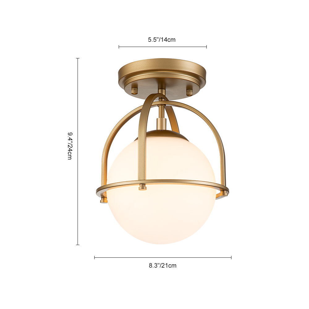 Modern Small Opal Glass Globe Semi Flush Mount Kitchen Ceiling Lighting in Airy Frame Design for Hallway Foyer Entryway