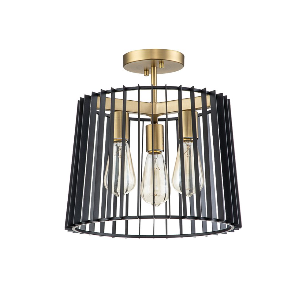 3-Light Modern Farmhouse Vintage Sector Cage Flush Mount Ceiling Light in Matte Black Design for Kitchen Island / Bedroom /Hallway