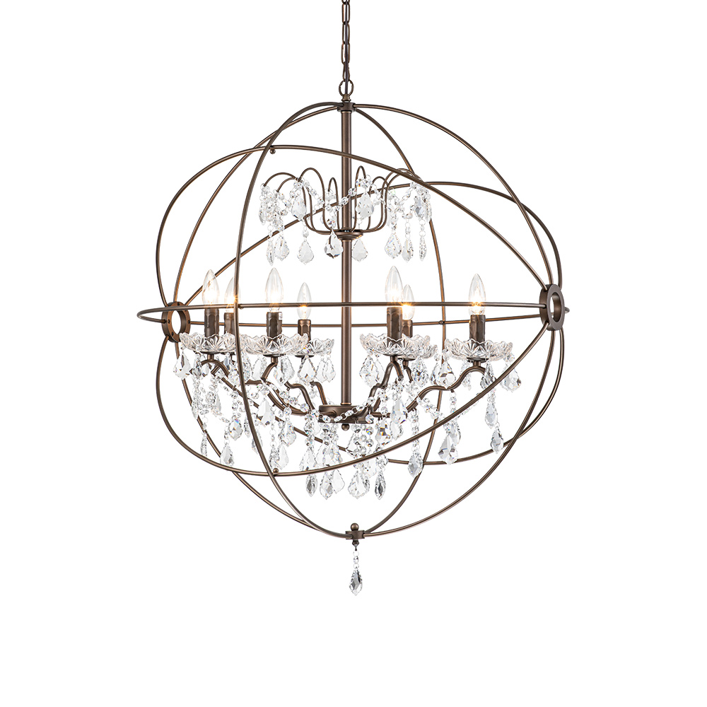 Modern Farmhouse Circle Frame Two-Tier Crystal Orb Chandelier Pendant Lighting with Cage Shade For Restaurant/ Kitchen/ Dining Room