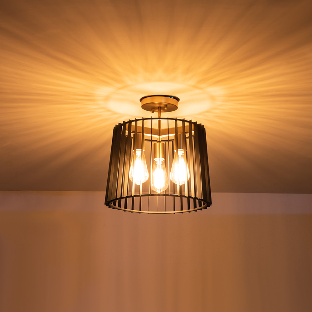 3-Light Modern Farmhouse Vintage Sector Cage Flush Mount Ceiling Light in Matte Black Design for Kitchen Island / Bedroom /Hallway
