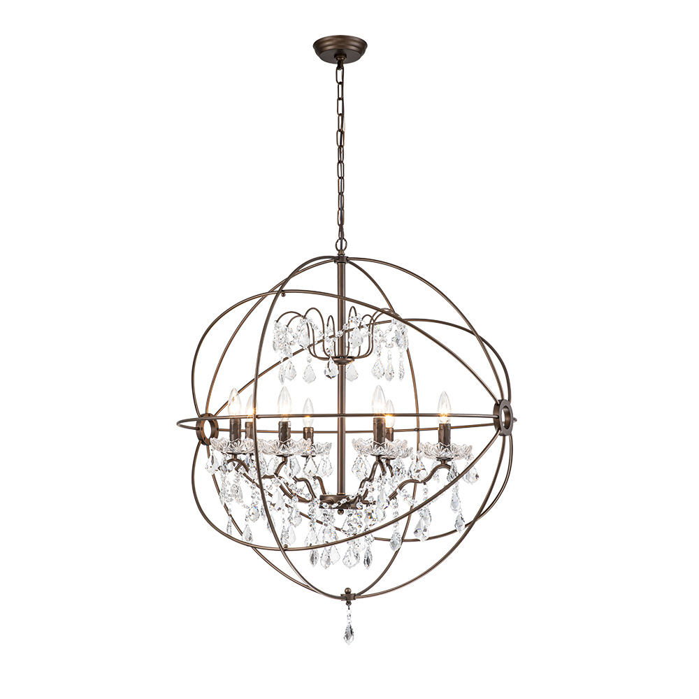 Modern Farmhouse Circle Frame Two-Tier Crystal Orb Chandelier Pendant Lighting with Cage Shade For Restaurant/ Kitchen/ Dining Room