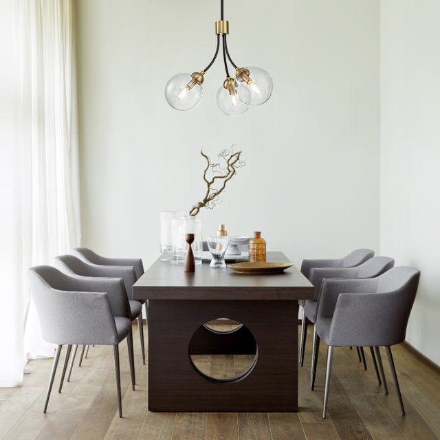3-Light Mid-Century Gold Sputnik Semi Flush Mount with Clear Glass Globe for Bedroom/ Kitchen/ Living Room
