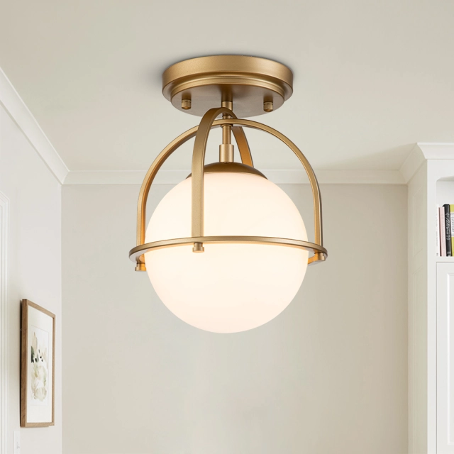 Modern Small Opal Glass Globe Semi Flush Mount Kitchen Ceiling Lighting in  Airy Frame Design for