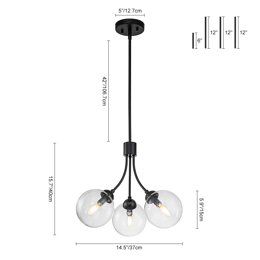 3-Light Modern Minimalist Sputnik Chandelier with Clear Glass Globe for Bedroom/ Kitchen/ Living Room