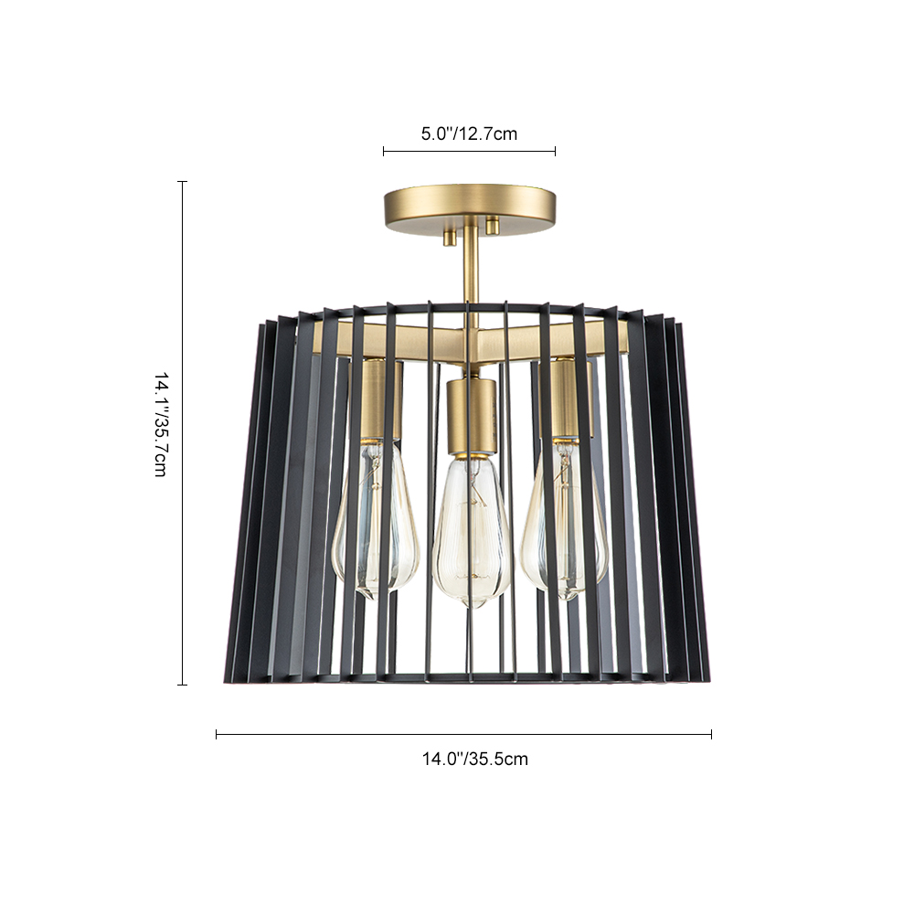 3-Light Modern Farmhouse Vintage Sector Cage Flush Mount Ceiling Light in Matte Black Design for Kitchen Island / Bedroom /Hallway