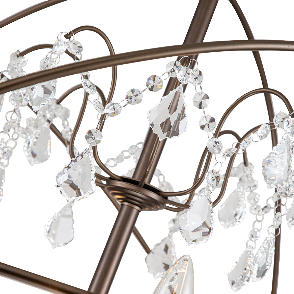 Modern Farmhouse Circle Frame Two-Tier Crystal Orb Chandelier Pendant Lighting with Cage Shade For Restaurant/ Kitchen/ Dining Room