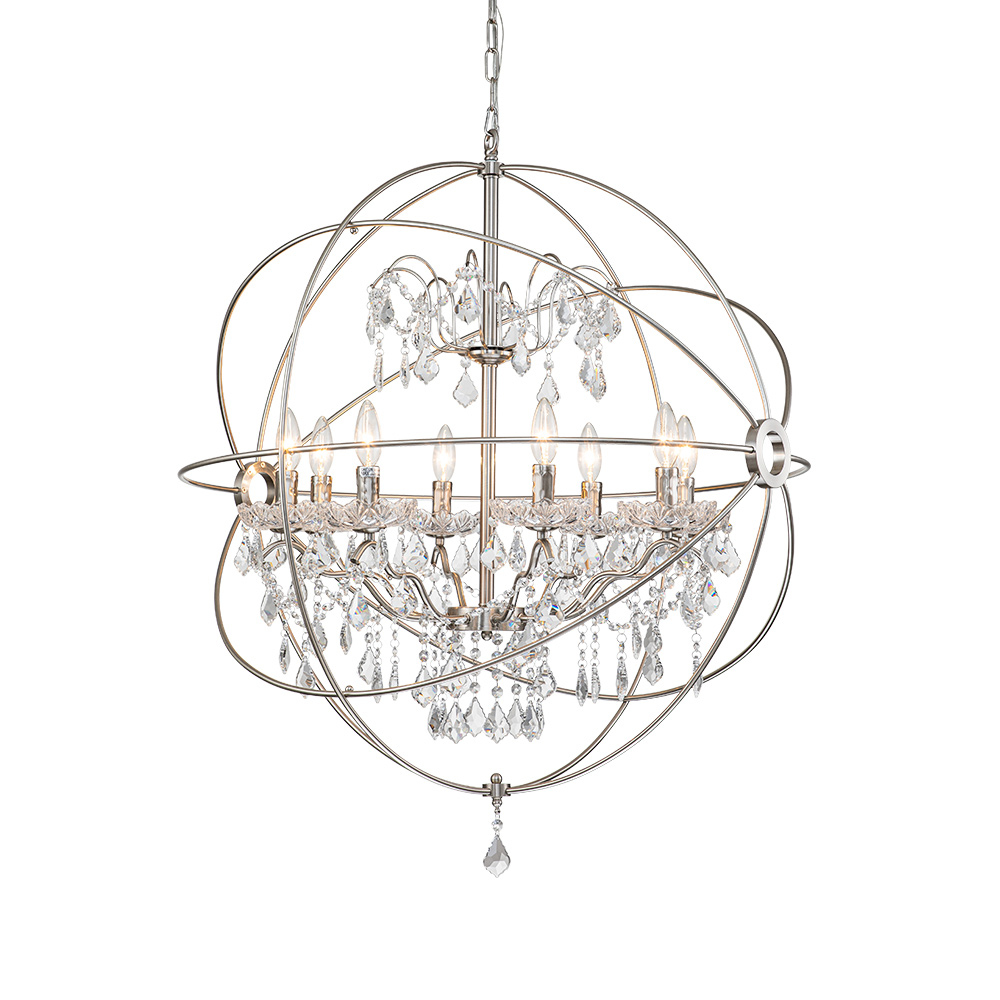 Modern Farmhouse Circle Frame Two-Tier Crystal Orb Chandelier Pendant Lighting with Cage Shade For Restaurant/ Kitchen/ Dining Room