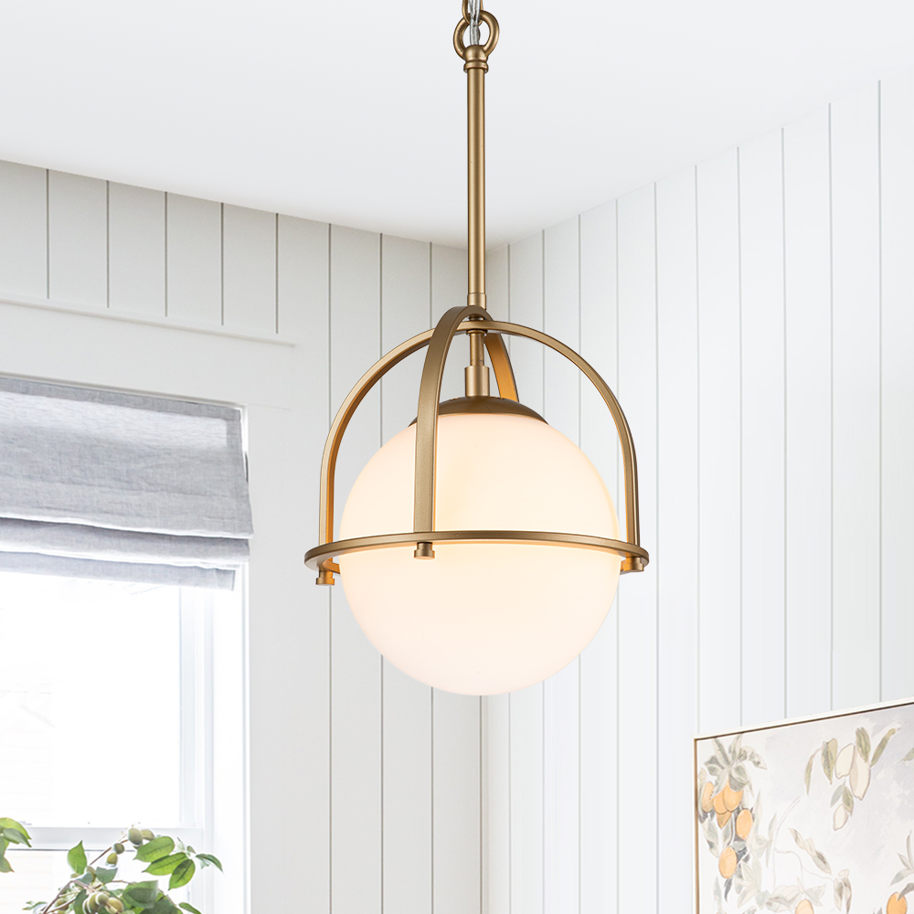 Modern Simple Opal Glass Globe Gold Kitchen Island Pendant Lighting in Airy Frame Design