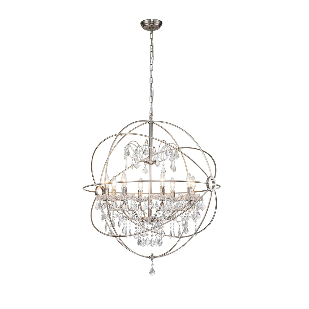 Modern Farmhouse Circle Frame Two-Tier Crystal Orb Chandelier Pendant Lighting with Cage Shade For Restaurant/ Kitchen/ Dining Room
