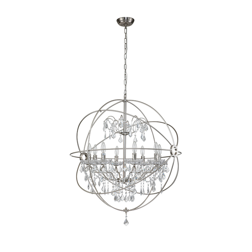 Modern Farmhouse Circle Frame Two-Tier Crystal Orb Chandelier Pendant Lighting with Cage Shade For Restaurant/ Kitchen/ Dining Room